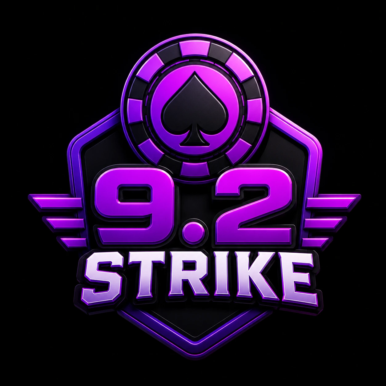 A purple and black badge features a poker chip with a spade symbol above bold text reading "9.2 STRIKE," representing the excitement of the 92 Strike Game, all set on a shield-shaped background with stylized wings.