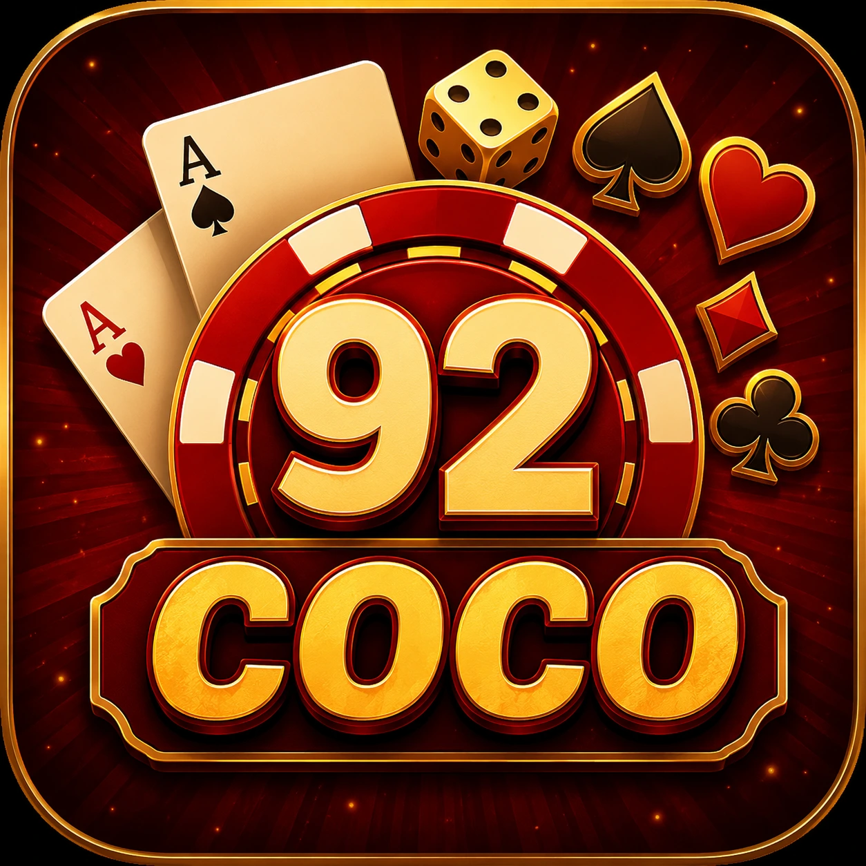 Casino-themed graphic featuring two playing cards, a die, four card suit symbols, and a large red poker chip with 92 and bold gold text COCO underneath. The background is dark with a radiant effect, capturing the excitement of the 92 Coco Game.