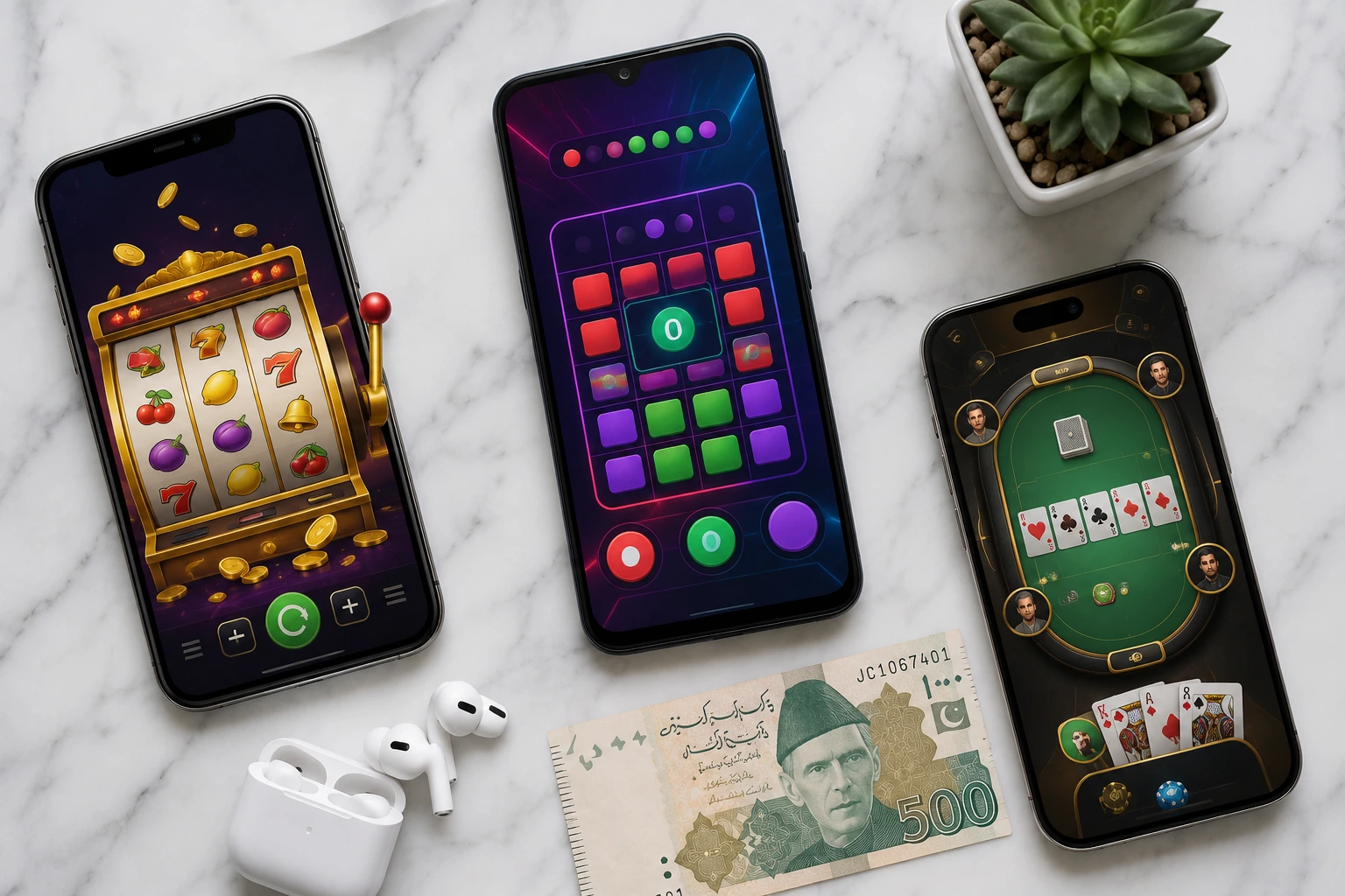 Three smartphones display slot, puzzle, and poker games on a marble surface beside a plant, wireless earbuds, and a 500 Pakistani rupee note—showcasing some of the Top 10 Pakistani Online Earning Apps.