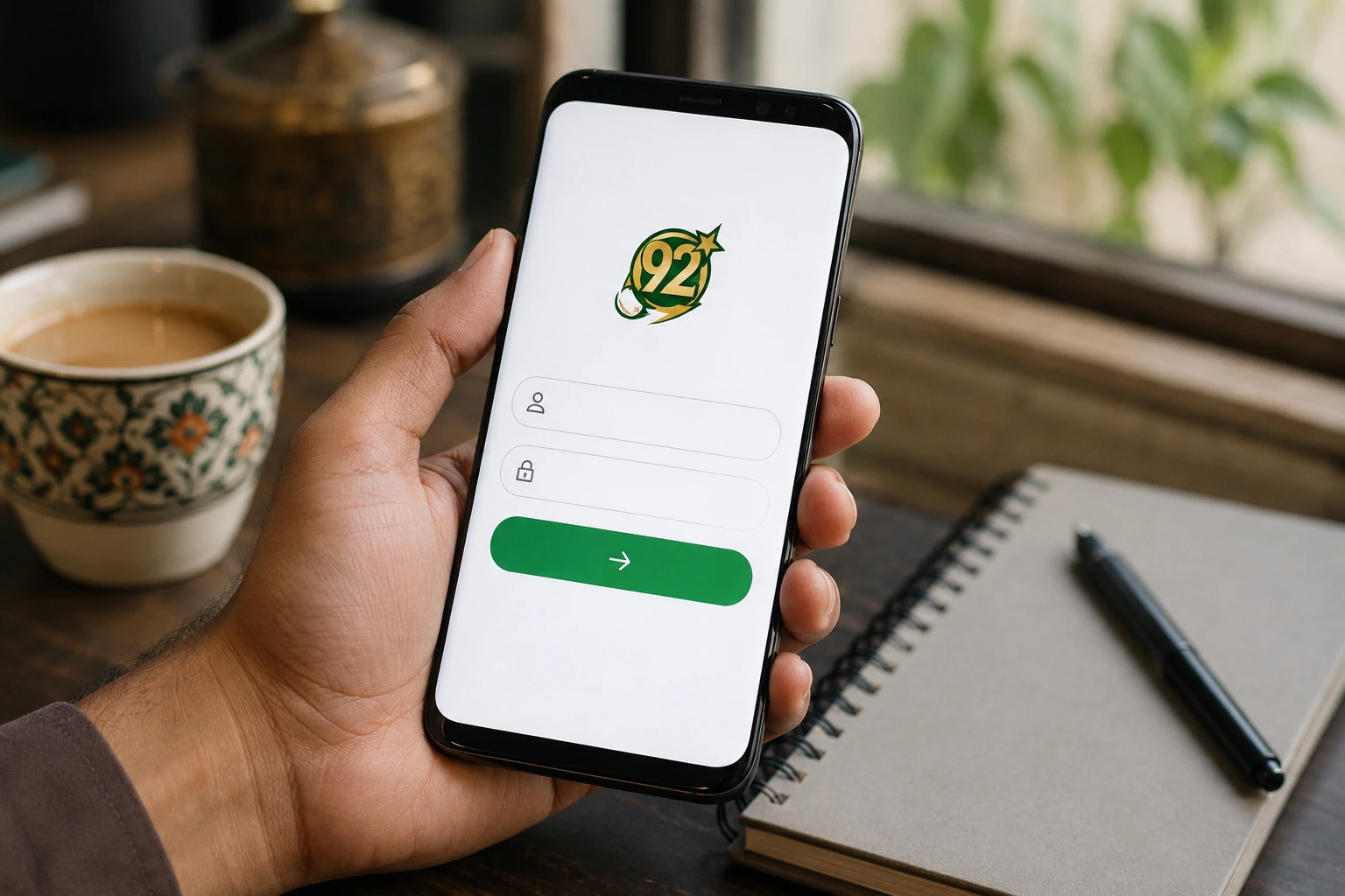 A hand holds a smartphone with a login screen displaying the 92 News logo, login fields, and a green button—highlighting one of the Top 10 Pakistani Online Earning Apps. In the background, a notebook, pen, and cup of coffee are neatly arranged on the table.