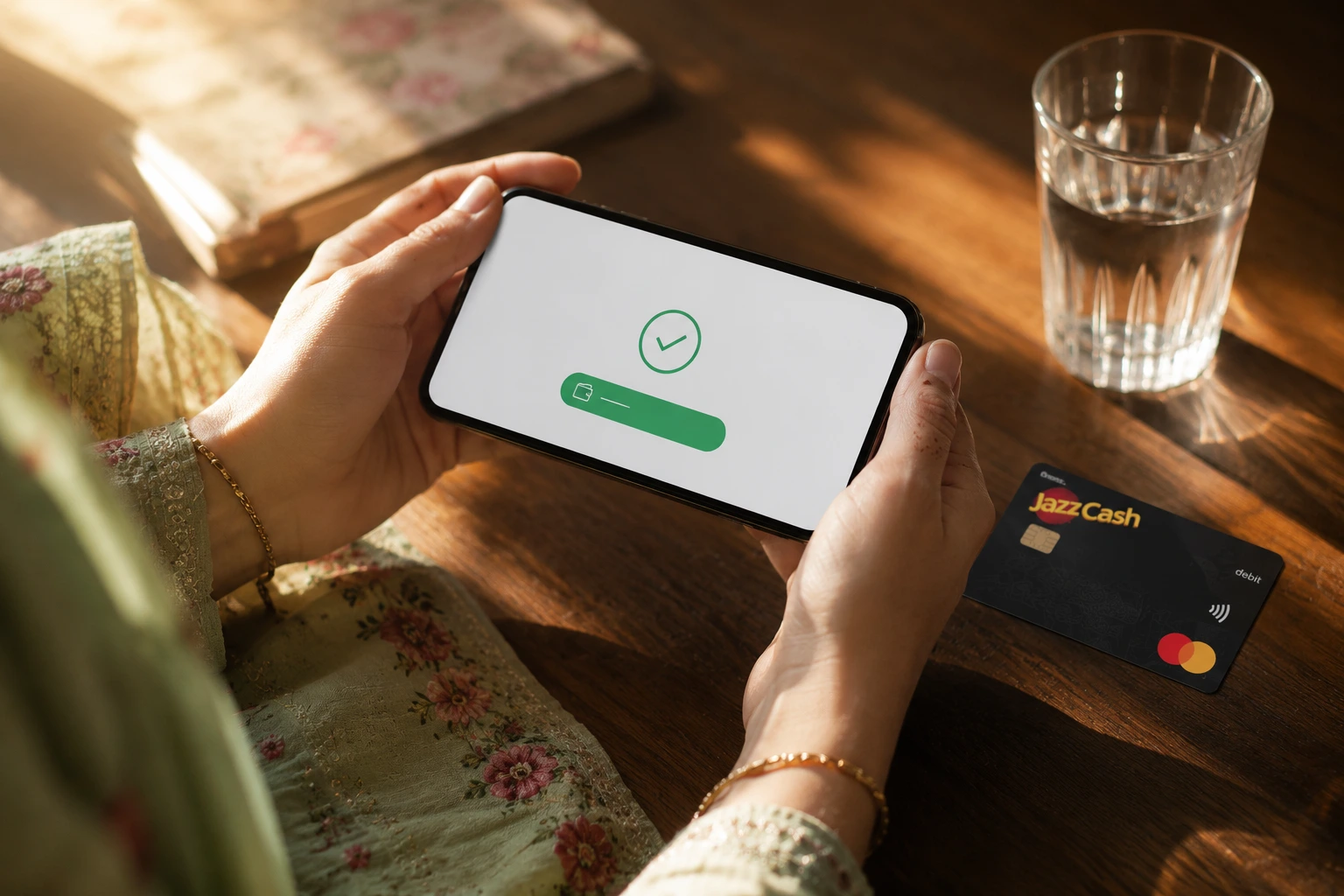 A person holds a smartphone showing a completed payment on screen, with a JazzCash card and a glass of water on a wooden table nearby—highlighting the convenience offered by some of the Top 10 Pakistani Online Earning Apps for seamless digital transactions.